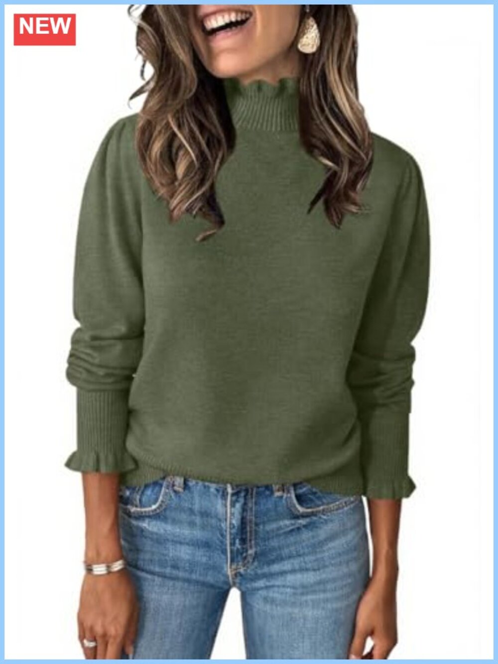 Ruffle Mock Neck Sweater Puff Long Sleeve Pullover Top Fall Winter